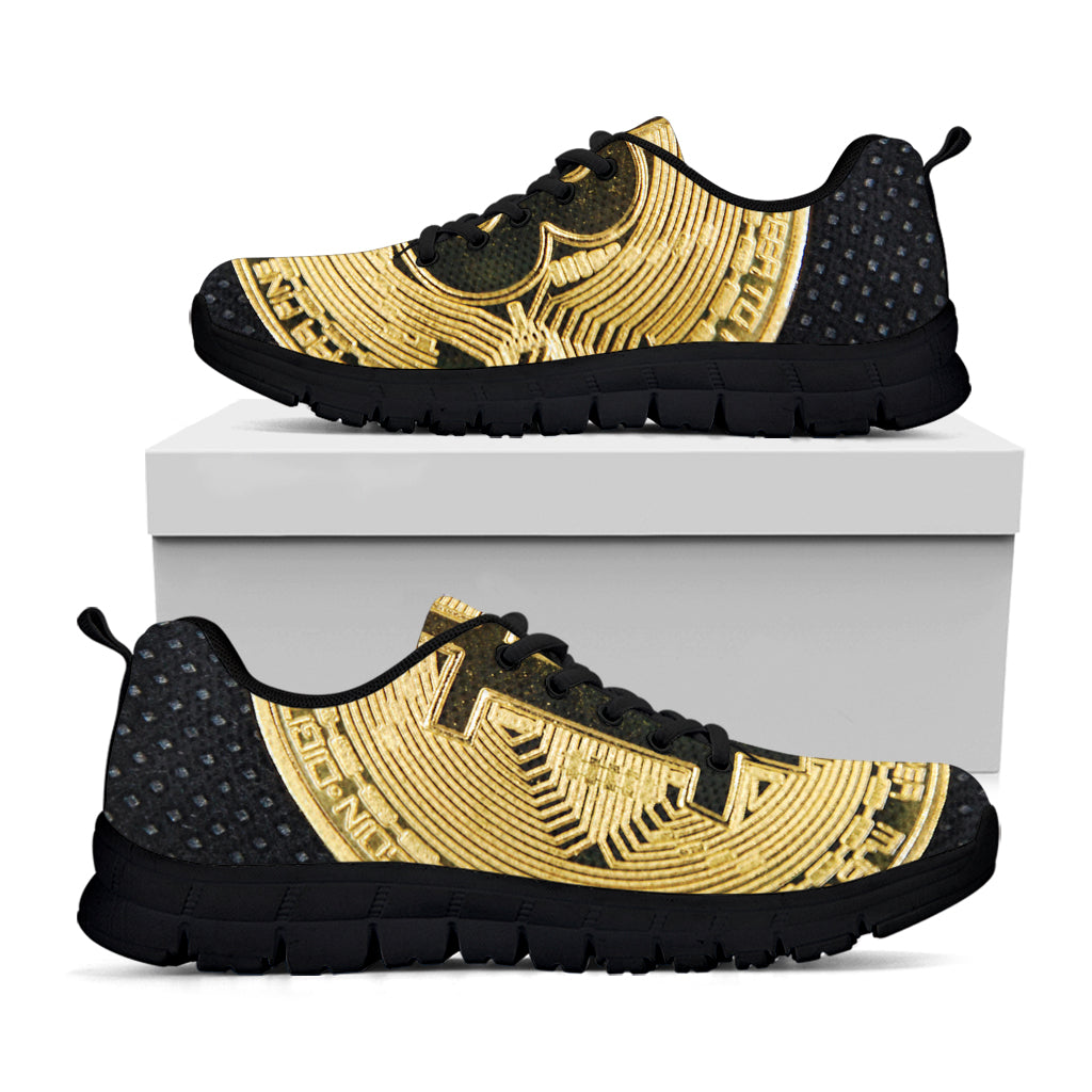 Gold Bitcoin Symbol Print Black Sneakers