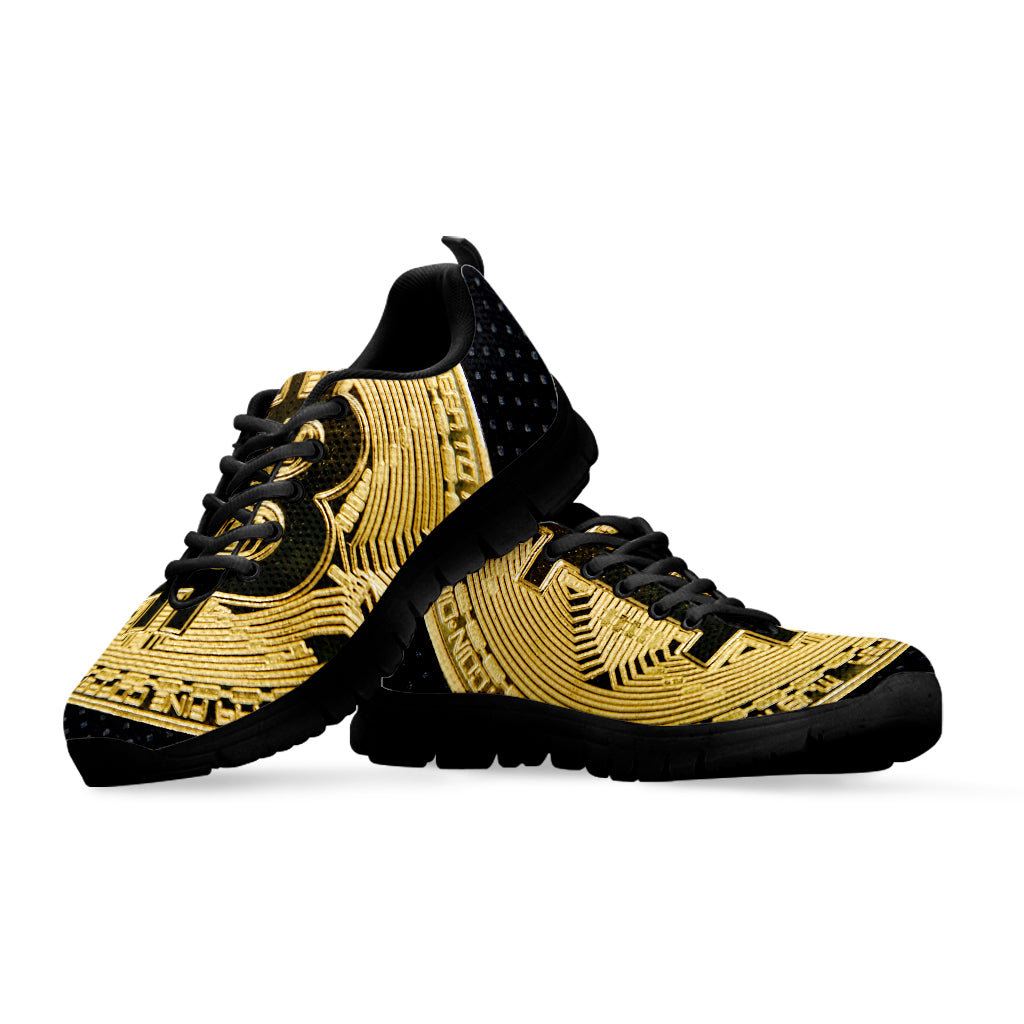 Gold Bitcoin Symbol Print Black Sneakers