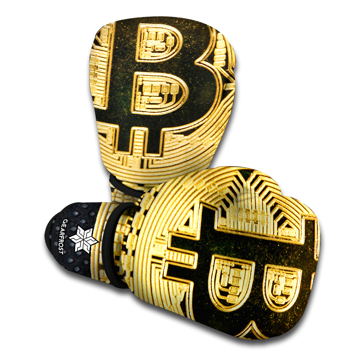 Gold Bitcoin Symbol Print Boxing Gloves