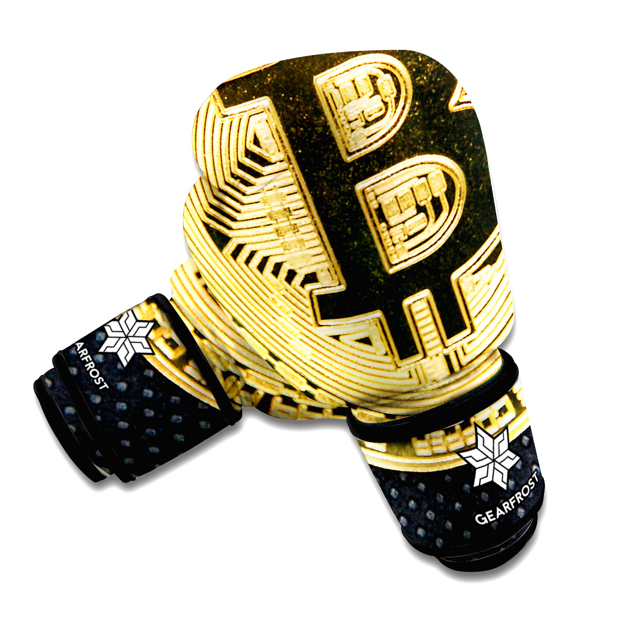 Gold Bitcoin Symbol Print Boxing Gloves