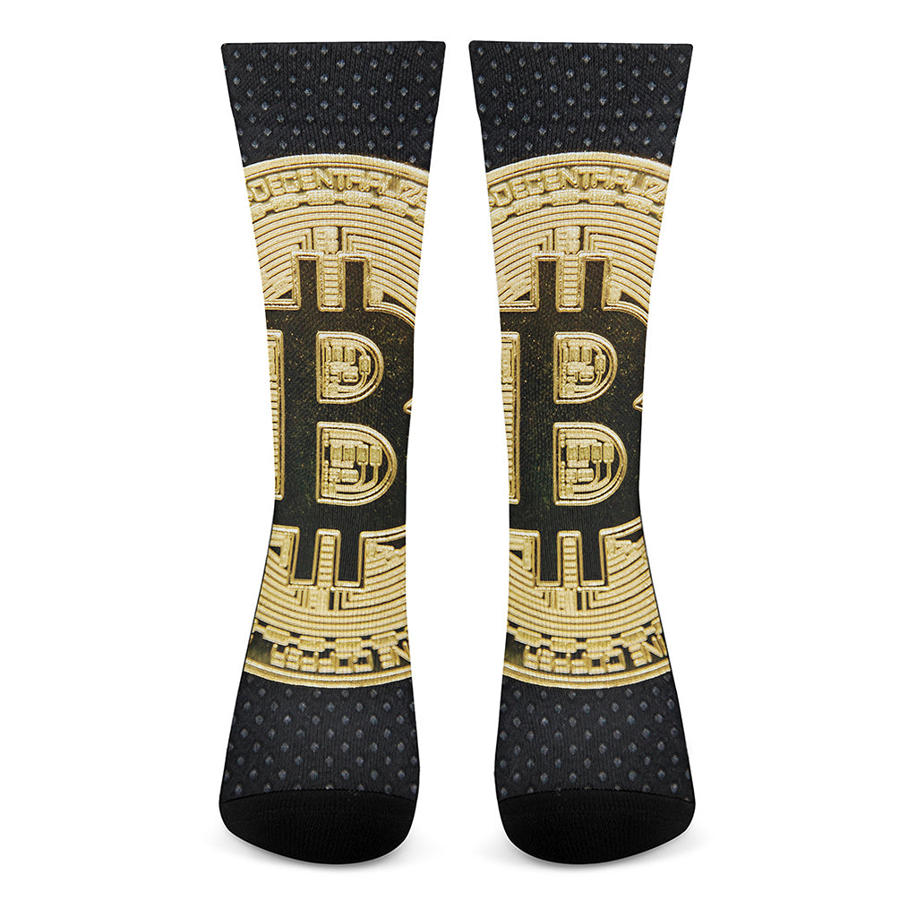 Gold Bitcoin Symbol Print Crew Socks