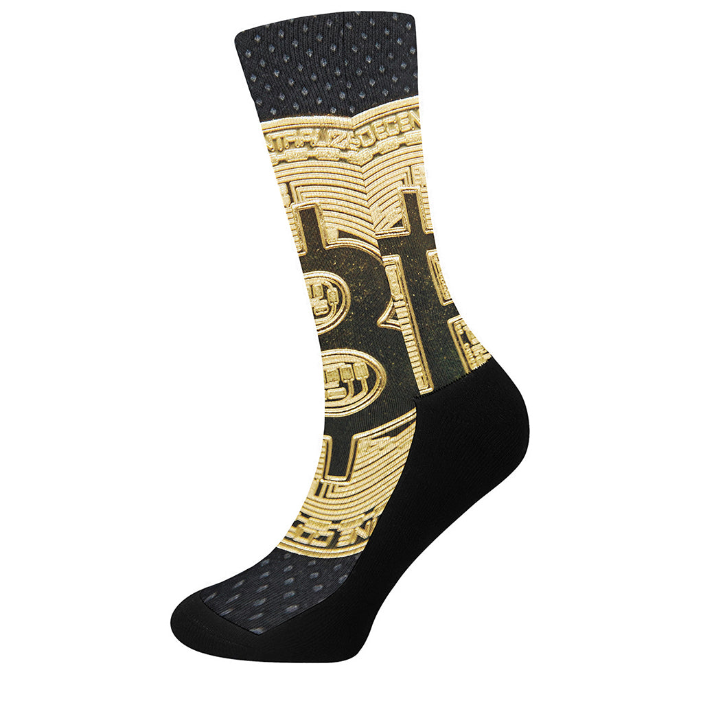 Gold Bitcoin Symbol Print Crew Socks