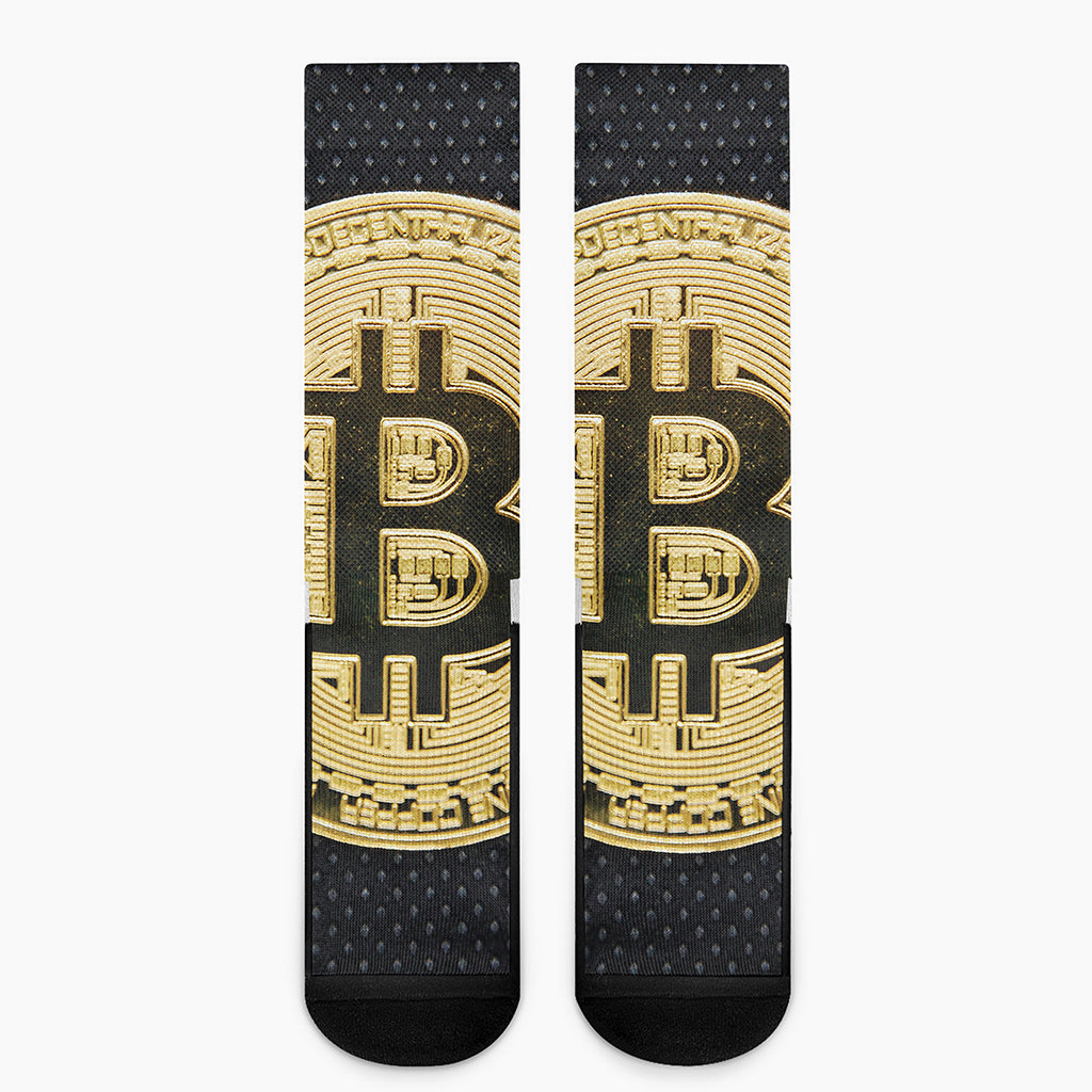 Gold Bitcoin Symbol Print Crew Socks