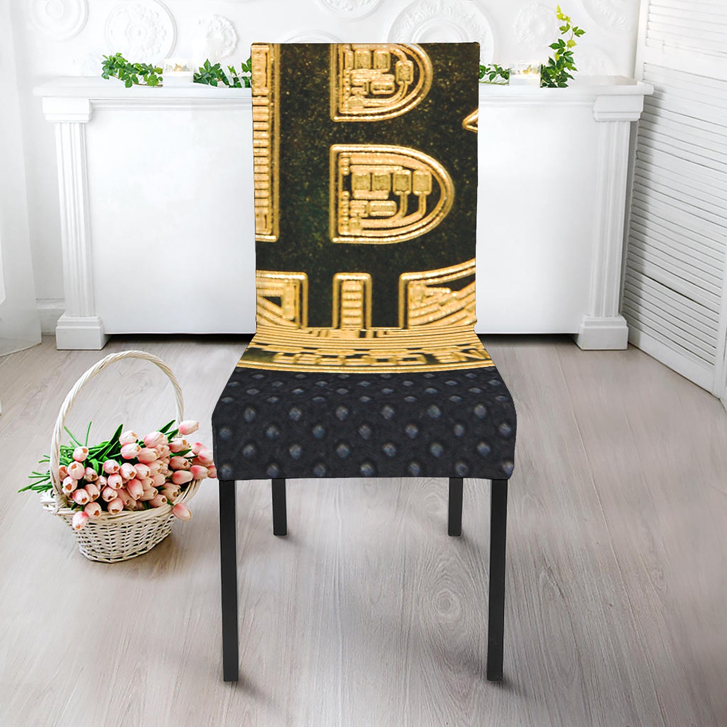 Gold Bitcoin Symbol Print Dining Chair Slipcover