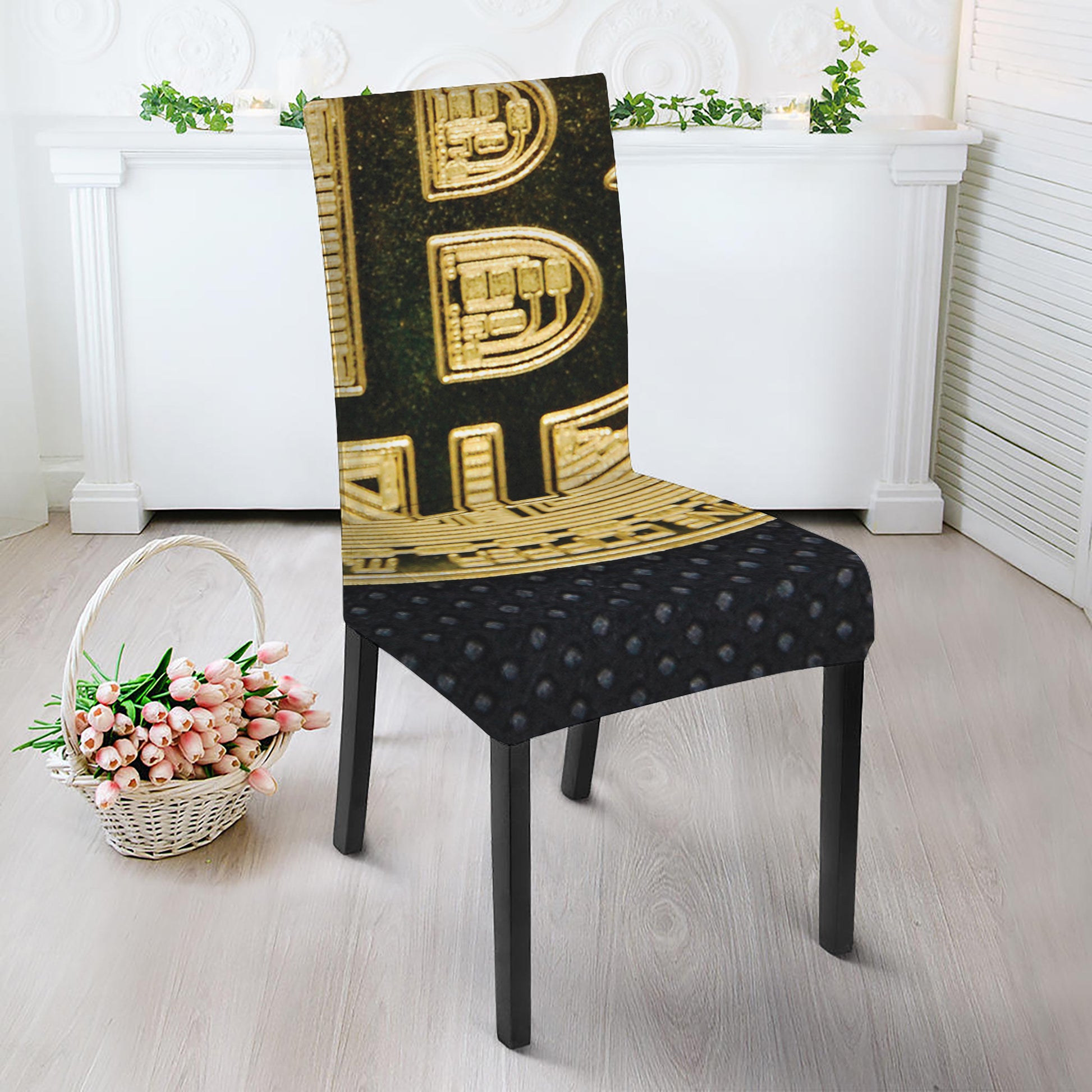 Gold Bitcoin Symbol Print Dining Chair Slipcover