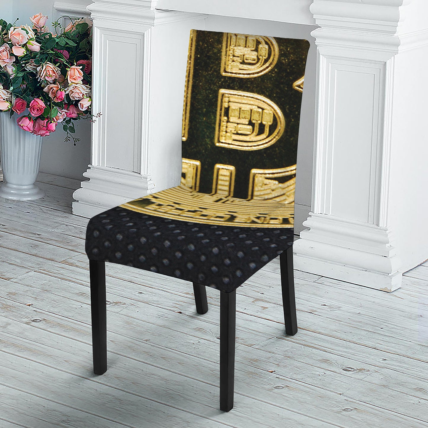 Gold Bitcoin Symbol Print Dining Chair Slipcover