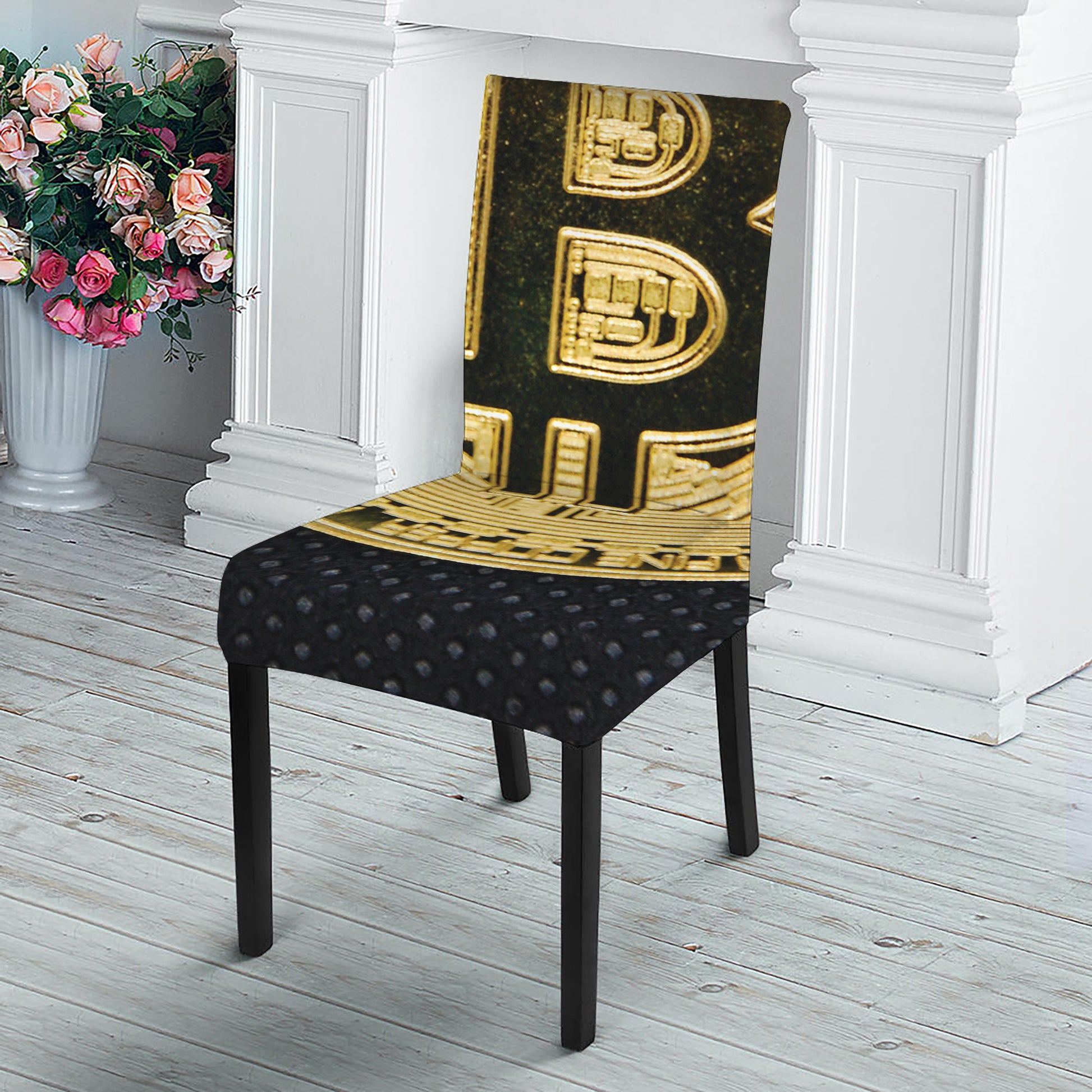 Gold Bitcoin Symbol Print Dining Chair Slipcover