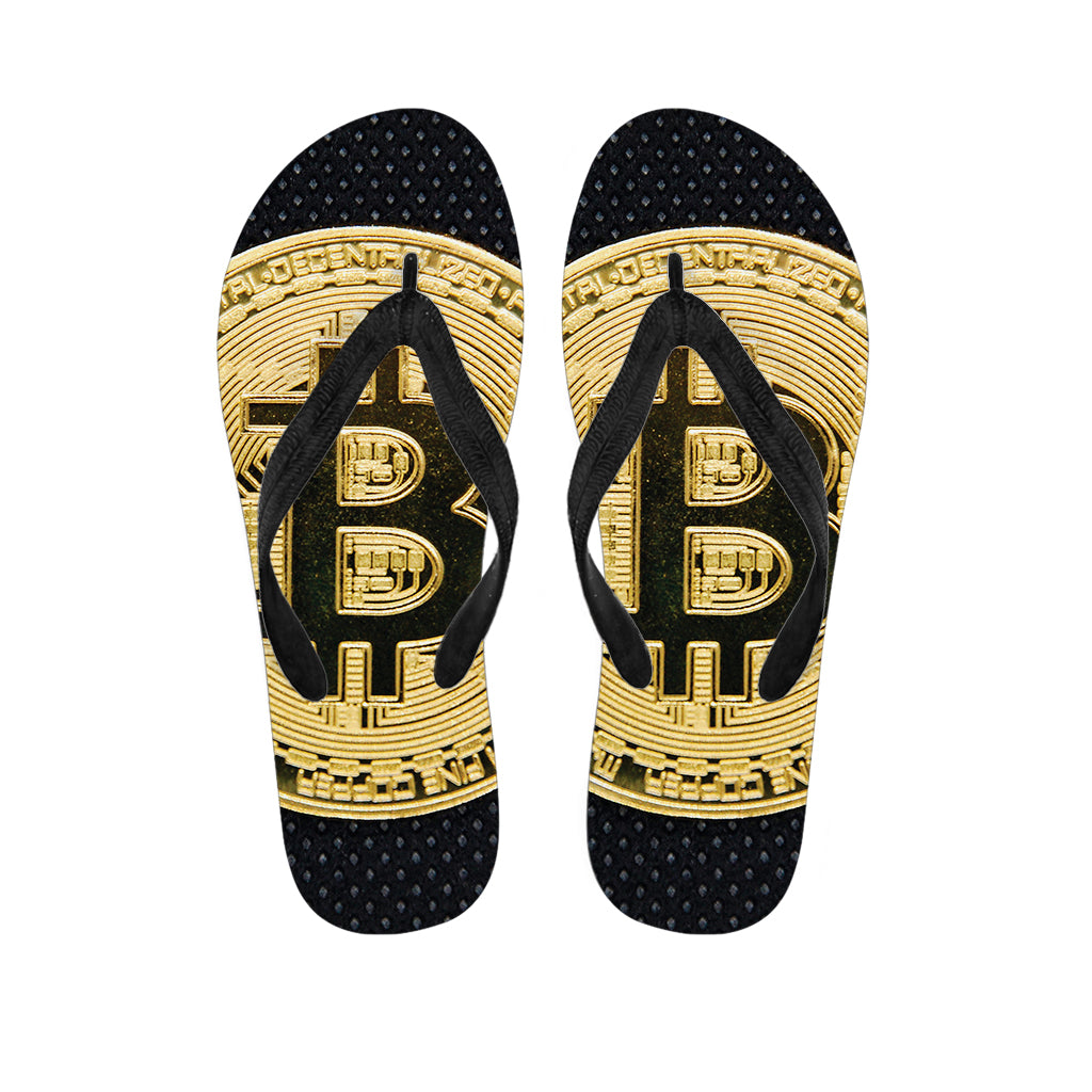 Gold Bitcoin Symbol Print Flip Flops