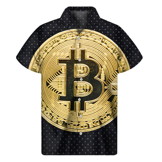 Gold Bitcoin Symbol Print Men's Short Sleeve Shirt