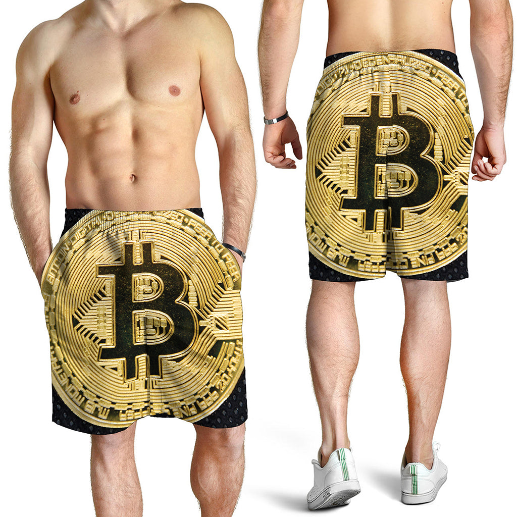 Gold Bitcoin Symbol Print Men's Shorts