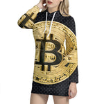 Gold Bitcoin Symbol Print Pullover Hoodie Dress