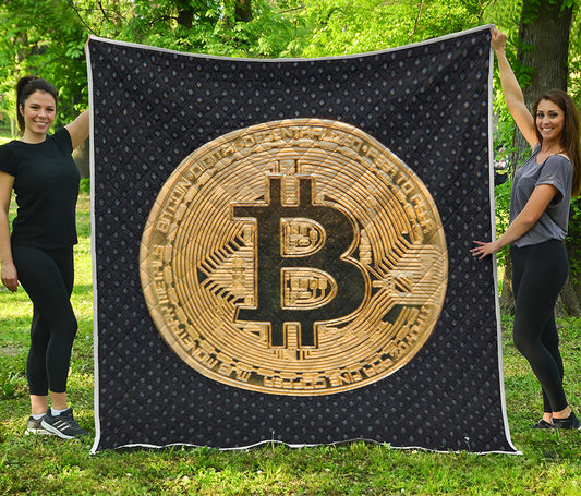Gold Bitcoin Symbol Print Quilt