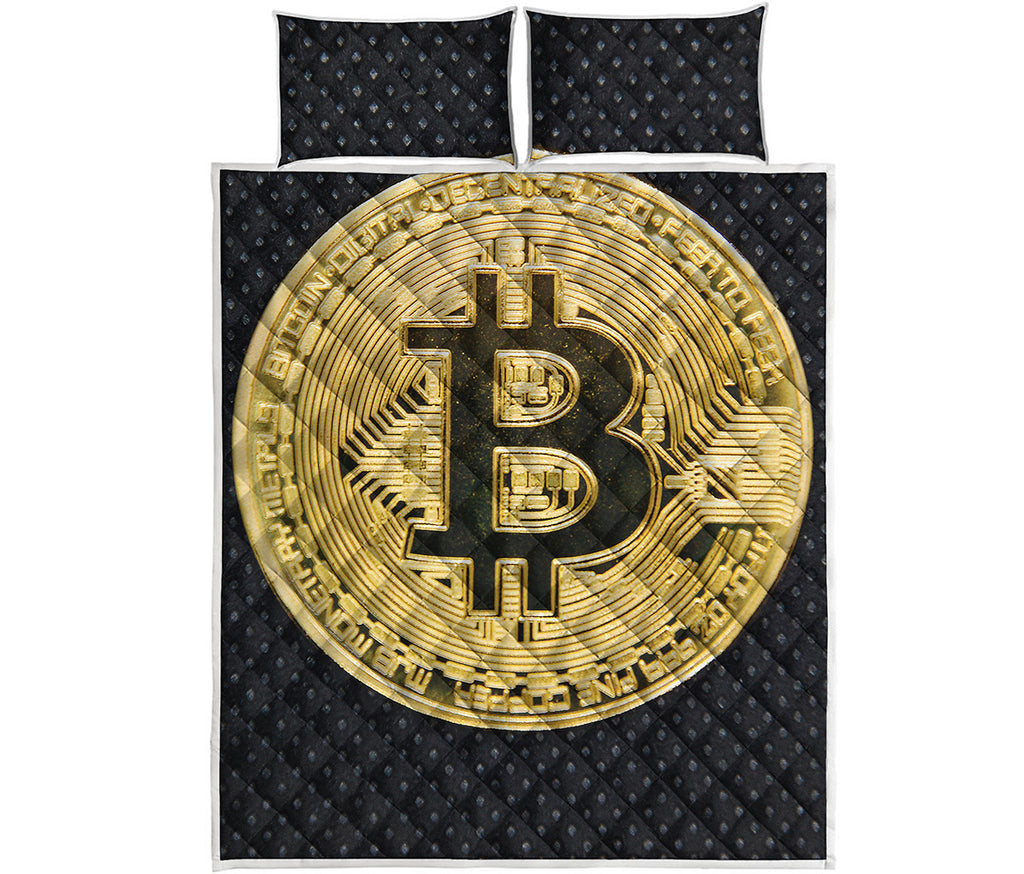 Gold Bitcoin Symbol Print Quilt Bed Set