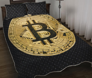 Gold Bitcoin Symbol Print Quilt Bed Set