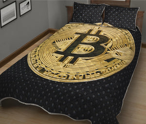 Gold Bitcoin Symbol Print Quilt Bed Set