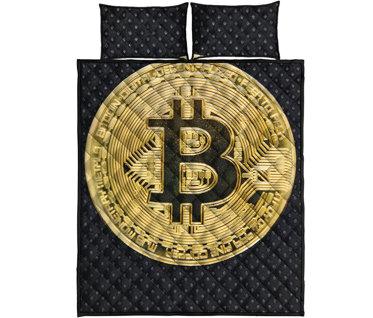 Gold Bitcoin Symbol Print Quilt Bed Set