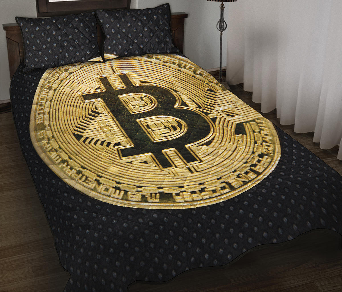 Gold Bitcoin Symbol Print Quilt Bed Set