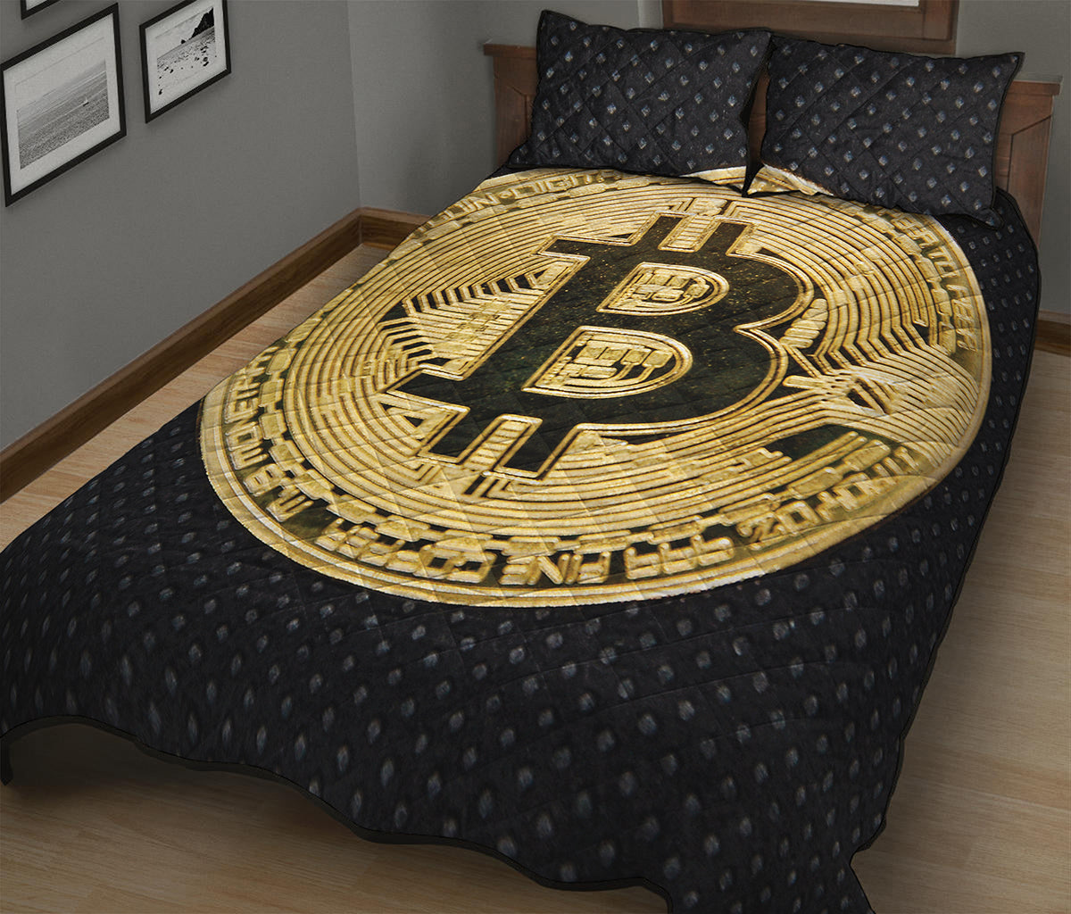 Gold Bitcoin Symbol Print Quilt Bed Set