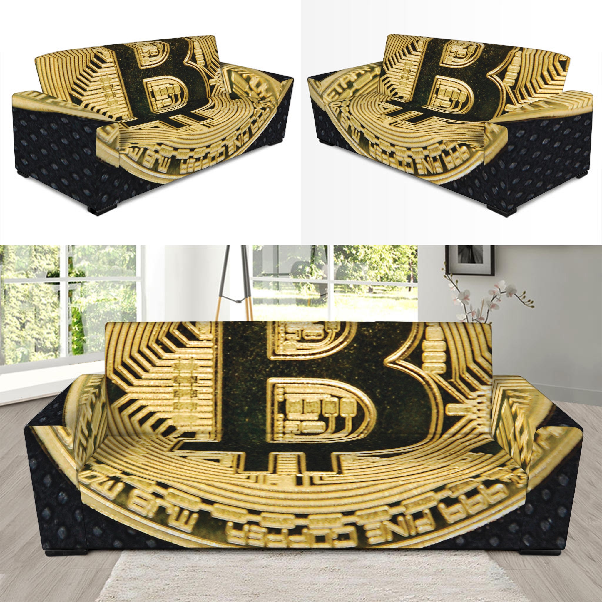 Gold Bitcoin Symbol Print Sofa Slipcover