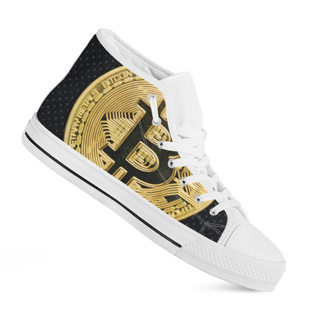 Gold Bitcoin Symbol Print White High Top Shoes