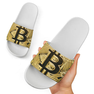 Gold Bitcoin Symbol Print White Slide Sandals