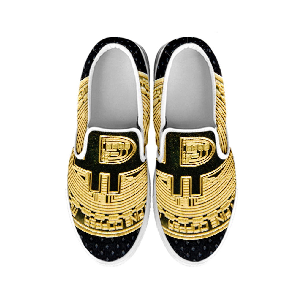 Gold Bitcoin Symbol Print White Slip On Shoes