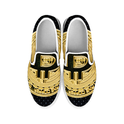 Gold Bitcoin Symbol Print White Slip On Shoes