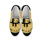 Gold Bitcoin Symbol Print White Slip On Shoes