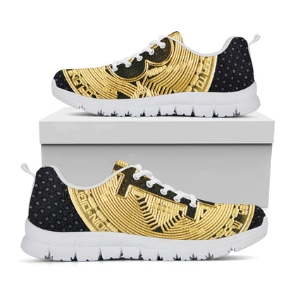 Gold Bitcoin Symbol Print White Sneakers