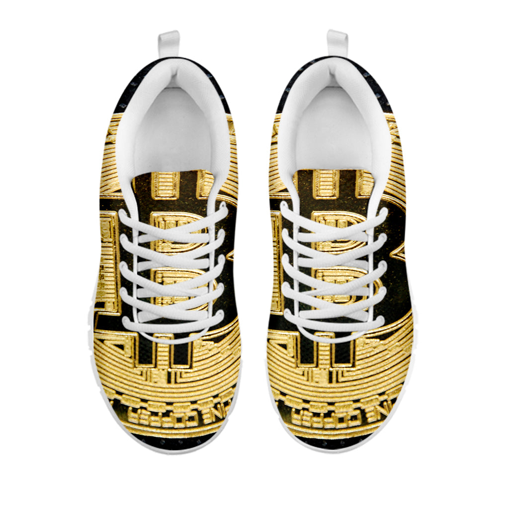 Gold Bitcoin Symbol Print White Sneakers