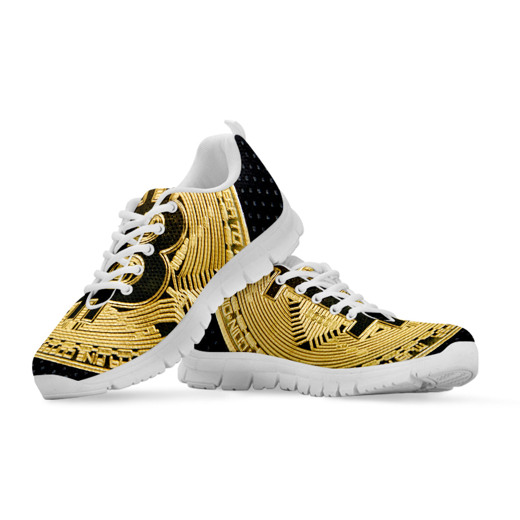 Gold Bitcoin Symbol Print White Sneakers