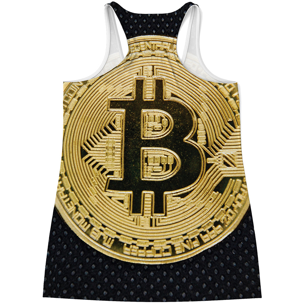 Gold Bitcoin Symbol Print Women's Racerback Tank Top