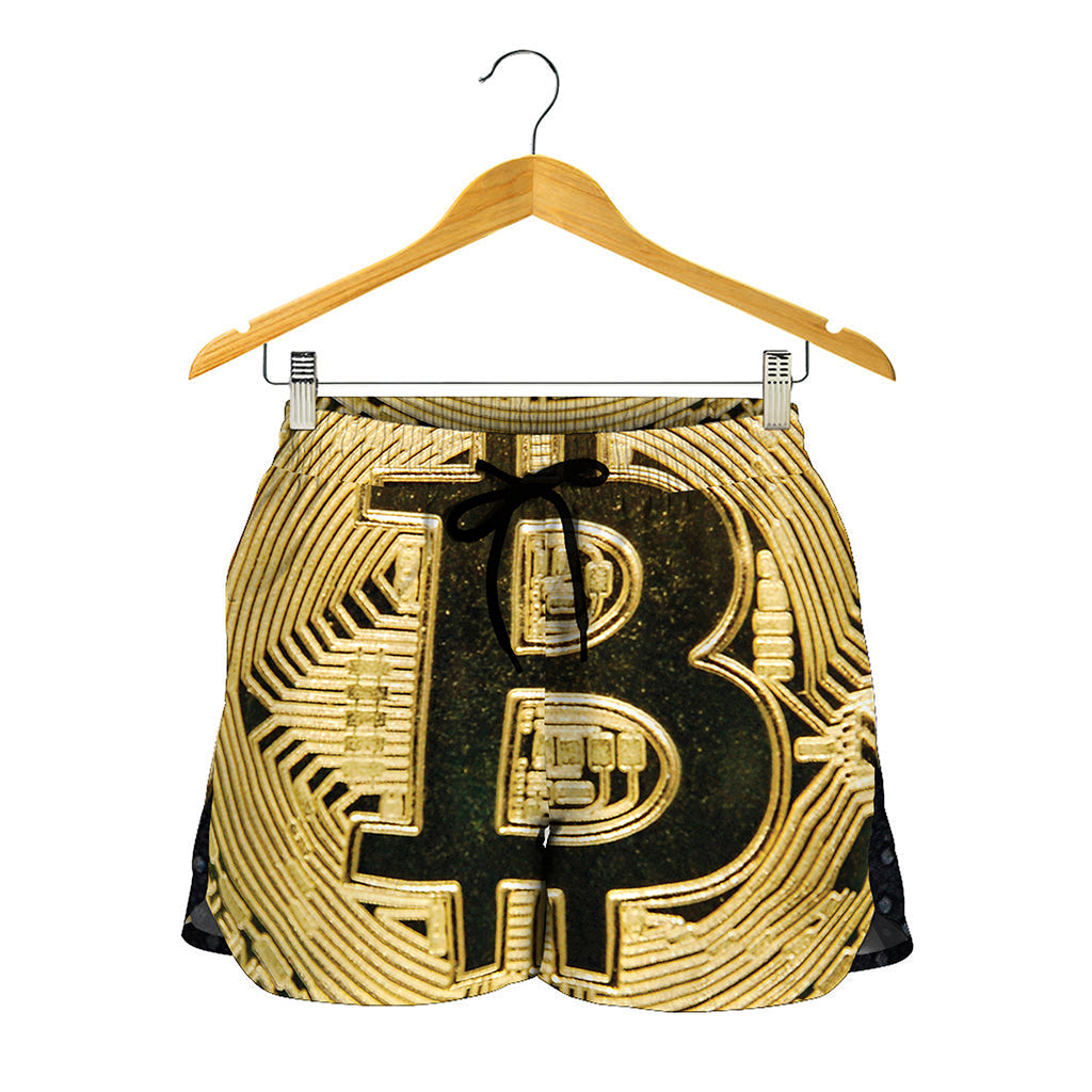 Gold Bitcoin Symbol Print Women's Shorts