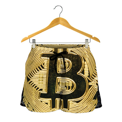 Gold Bitcoin Symbol Print Women's Shorts