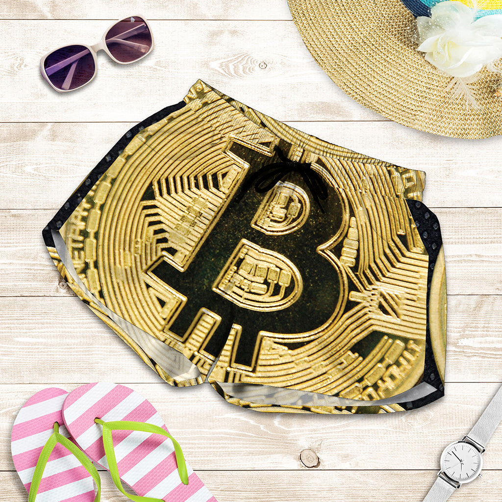 Gold Bitcoin Symbol Print Women's Shorts
