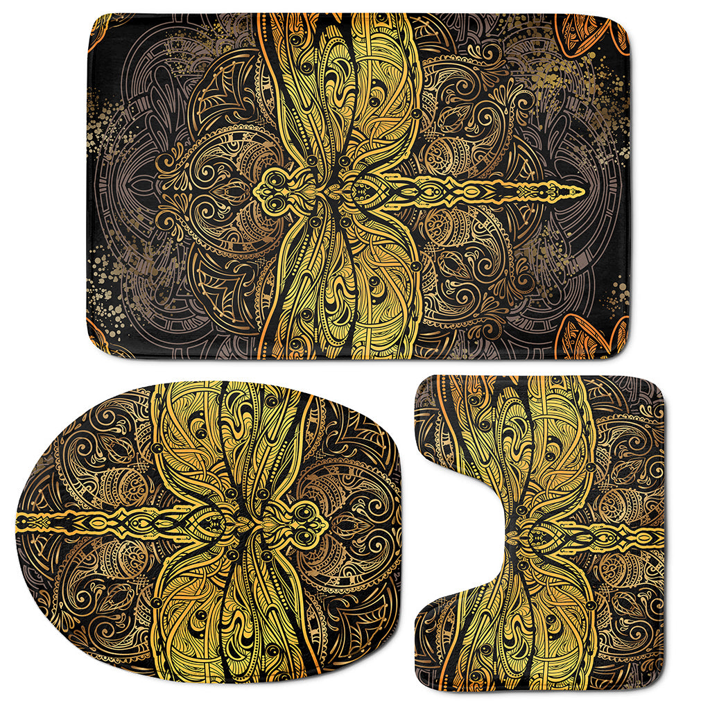 Gold Boho Dragonfly Print 3 Piece Bath Mat Set