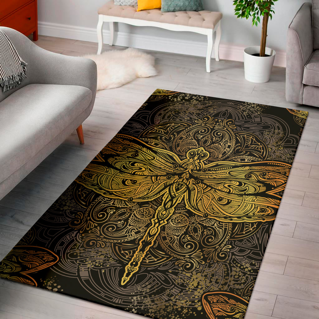 Gold Boho Dragonfly Print Area Rug