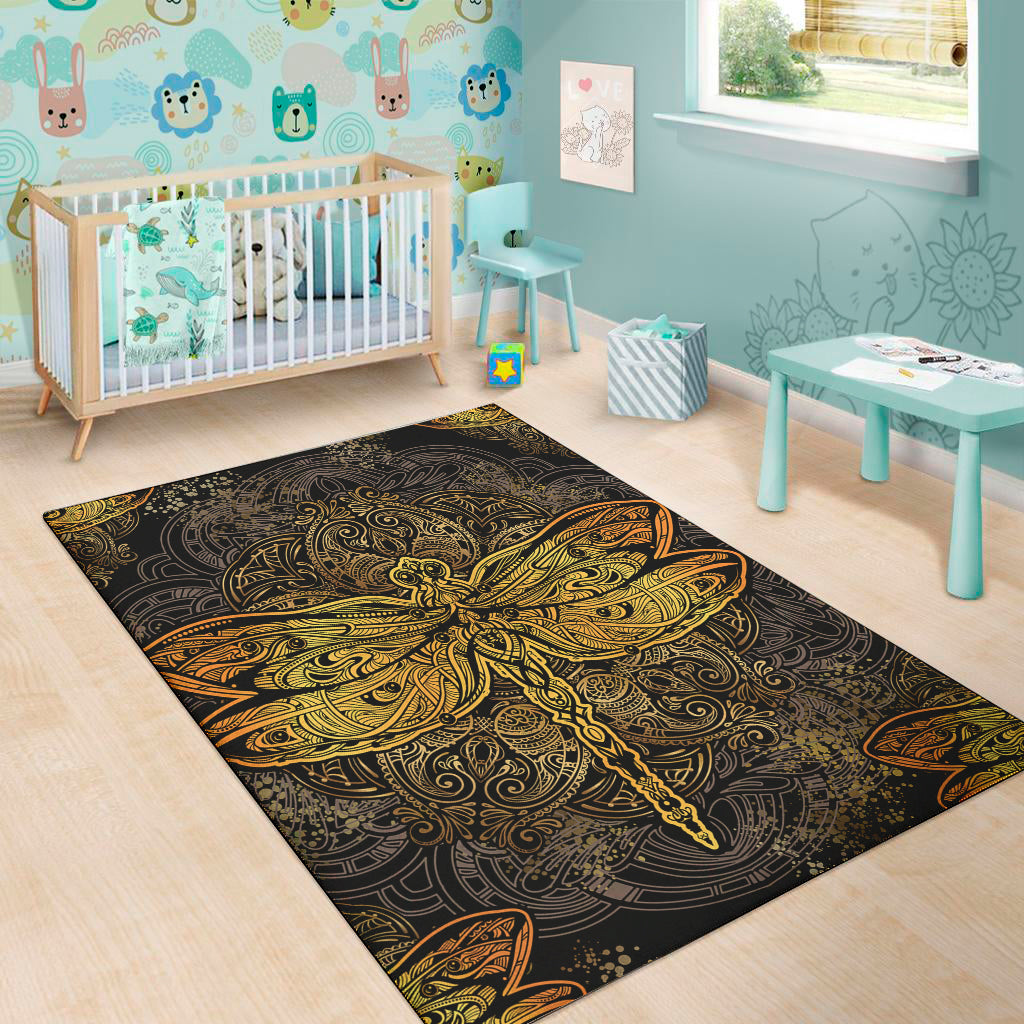 Gold Boho Dragonfly Print Area Rug