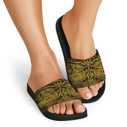 Gold Boho Dragonfly Print Black Slide Sandals