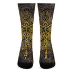 Gold Boho Dragonfly Print Crew Socks