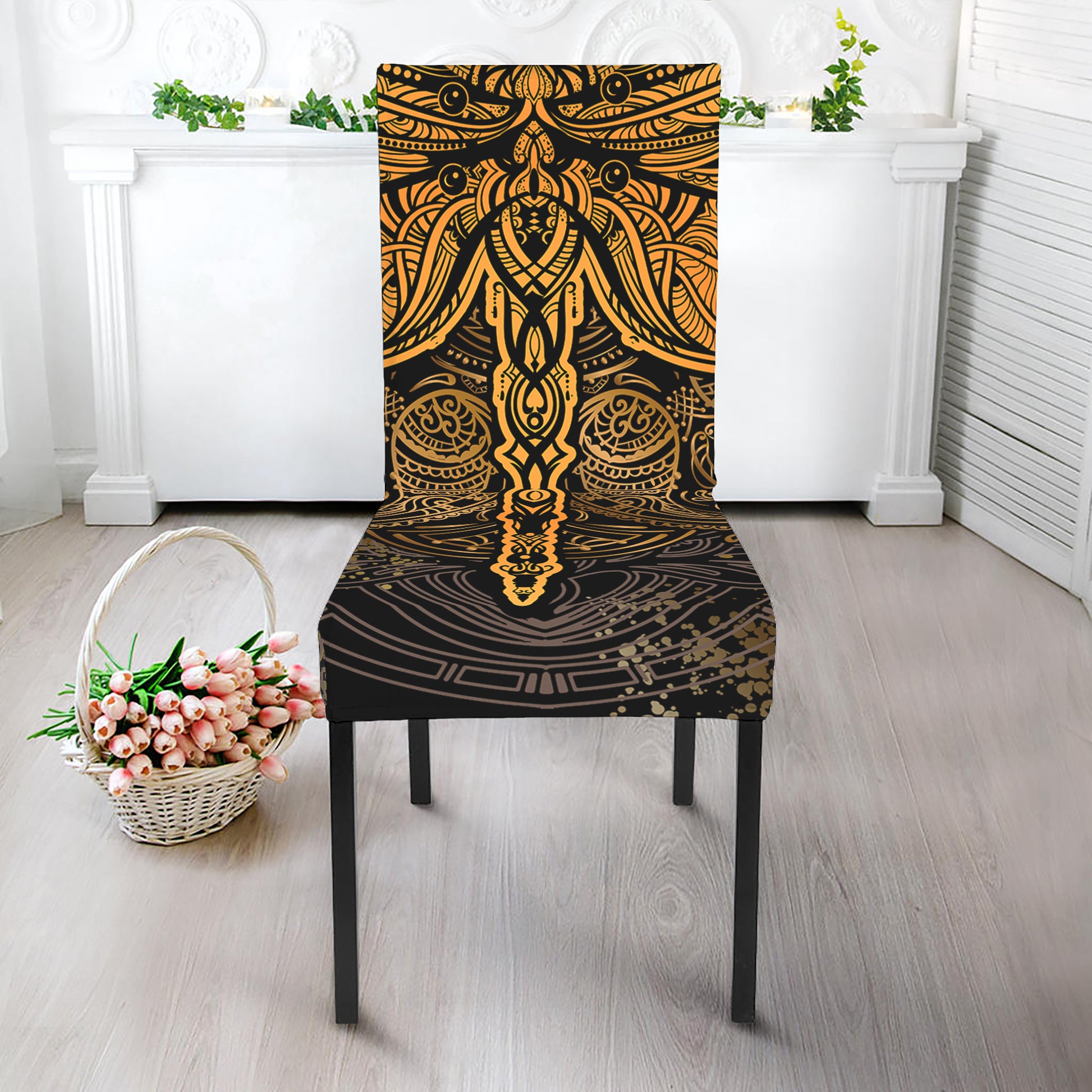 Gold Boho Dragonfly Print Dining Chair Slipcover