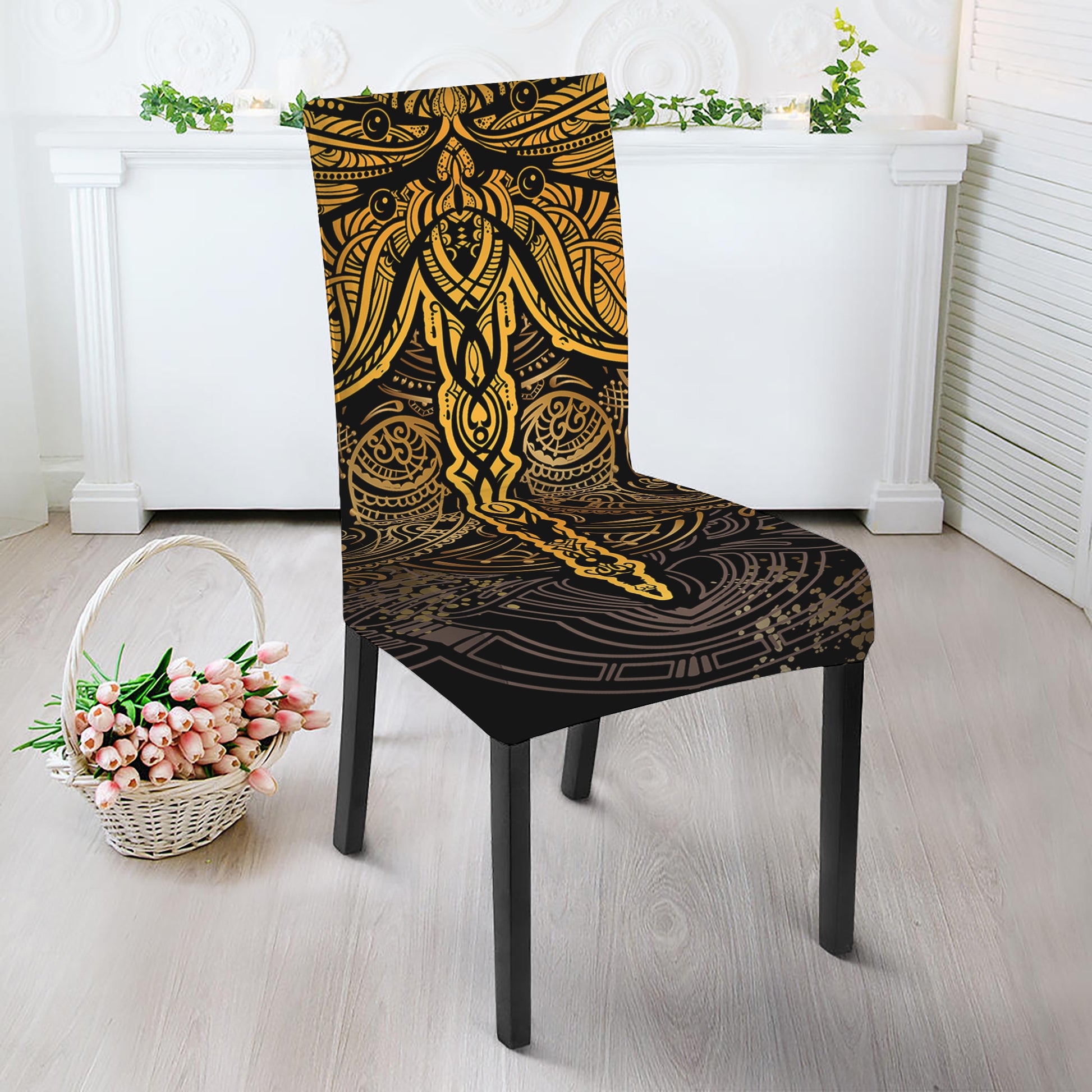 Gold Boho Dragonfly Print Dining Chair Slipcover