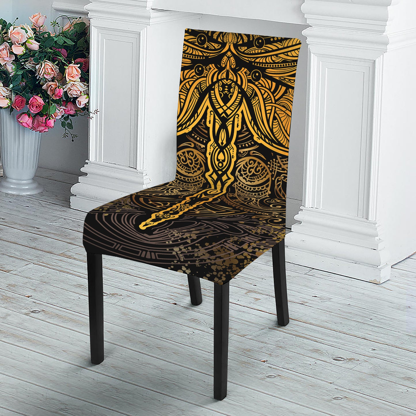 Gold Boho Dragonfly Print Dining Chair Slipcover