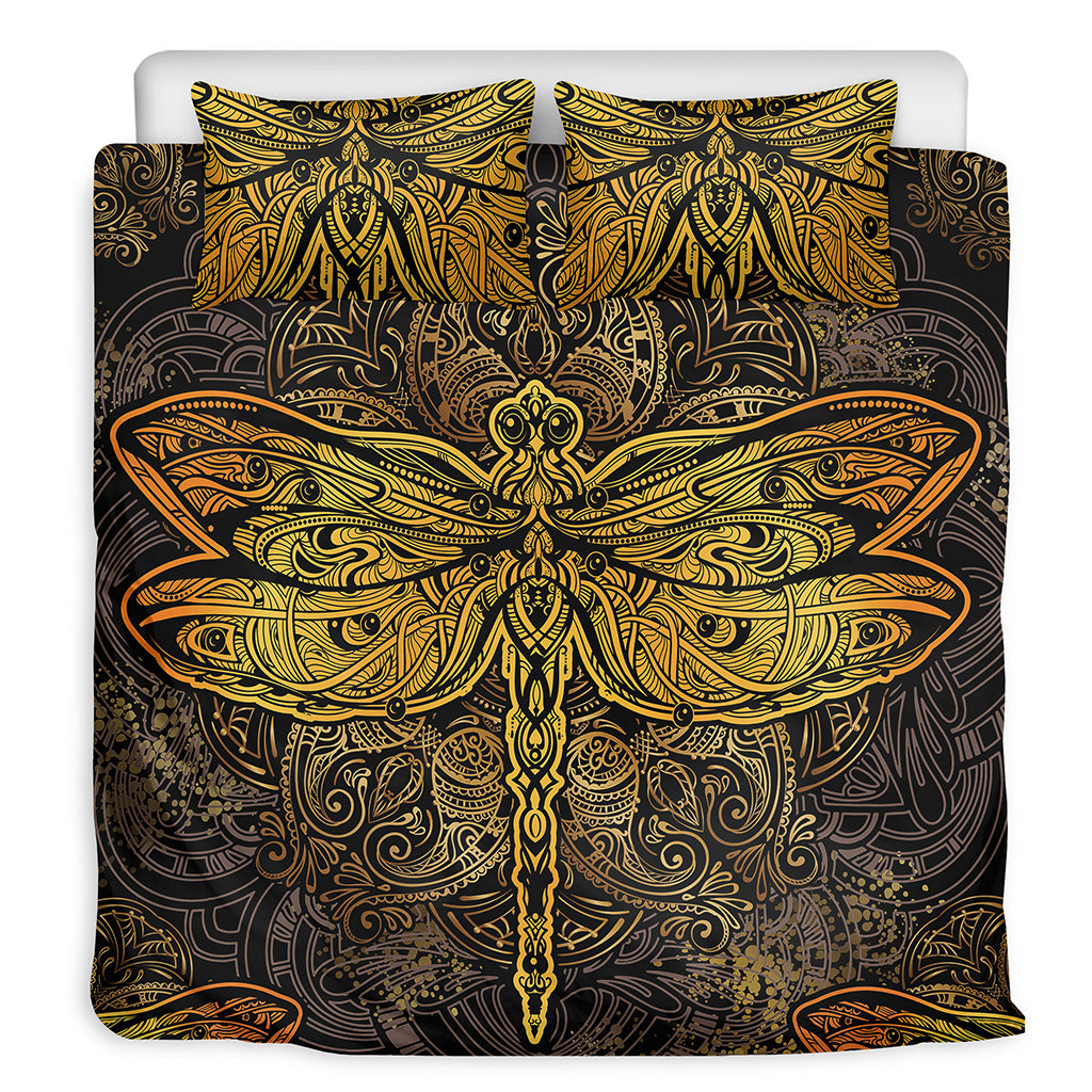 Gold Boho Dragonfly Print Duvet Cover Bedding Set