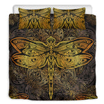Gold Boho Dragonfly Print Duvet Cover Bedding Set