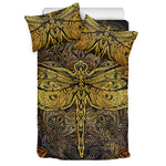 Gold Boho Dragonfly Print Duvet Cover Bedding Set