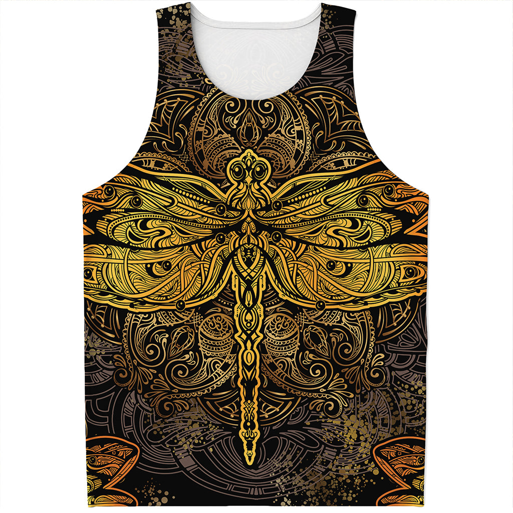 Gold Boho Dragonfly Print Men's Tank Top