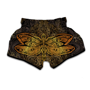 Gold Boho Dragonfly Print Muay Thai Boxing Shorts