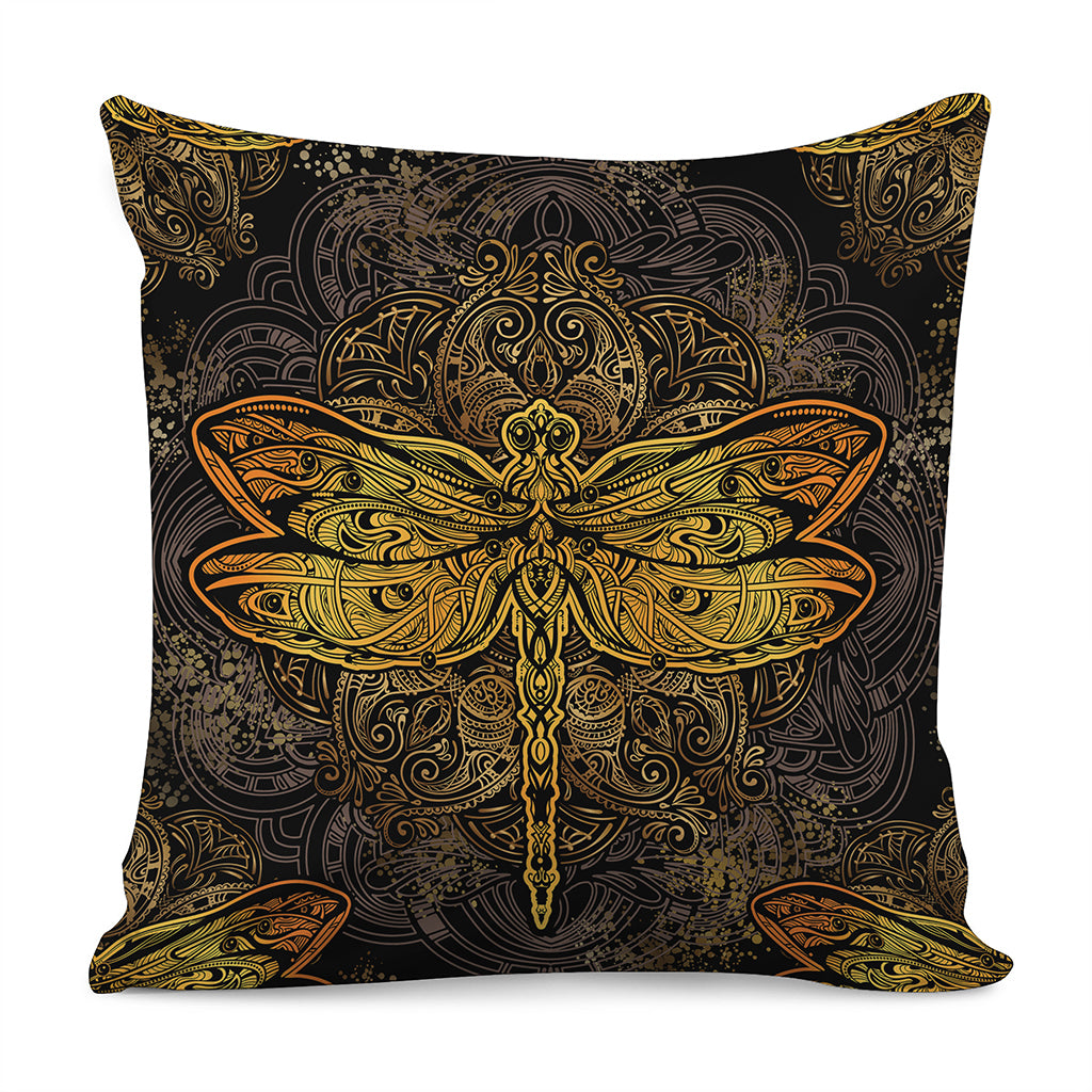 Gold Boho Dragonfly Print Pillow Cover