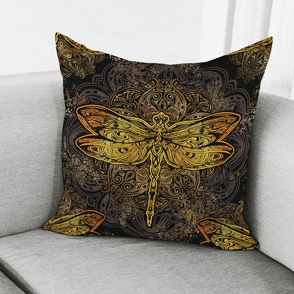 Gold Boho Dragonfly Print Pillow Cover